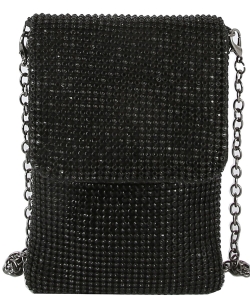 Rhinestone Metal Mesh Cell Phone Purse Crossbody Bag LGL001 BLACK